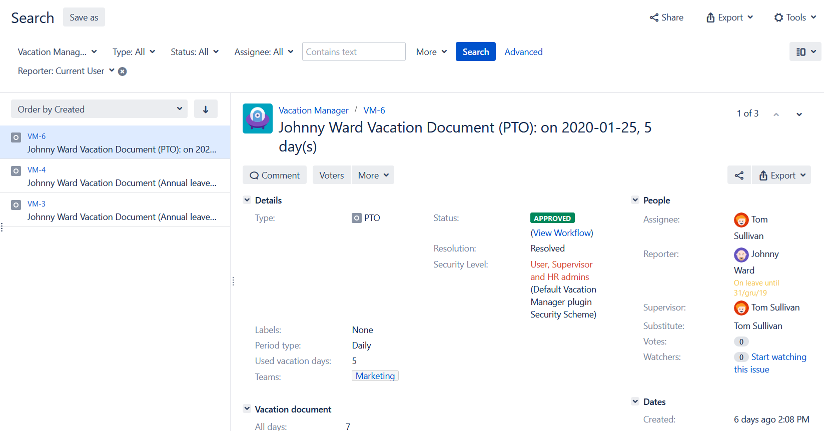  all vacation documents view in Vacation Manager for Jira
