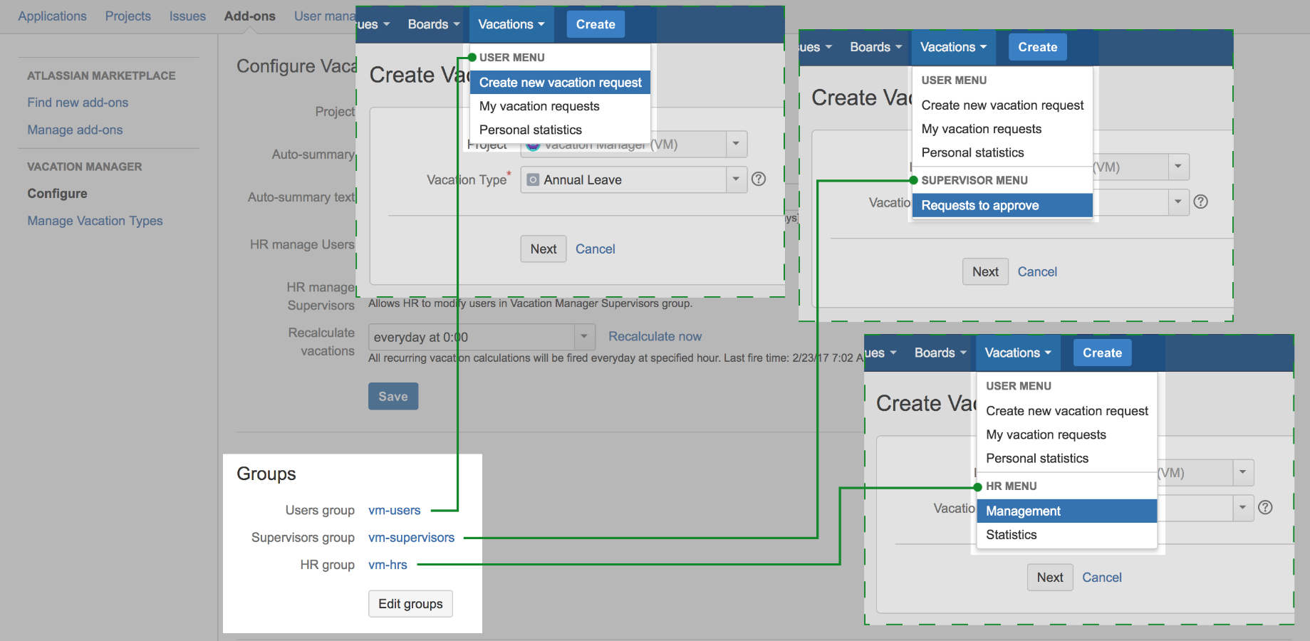 Vacation Manager for Jira menu for different groups