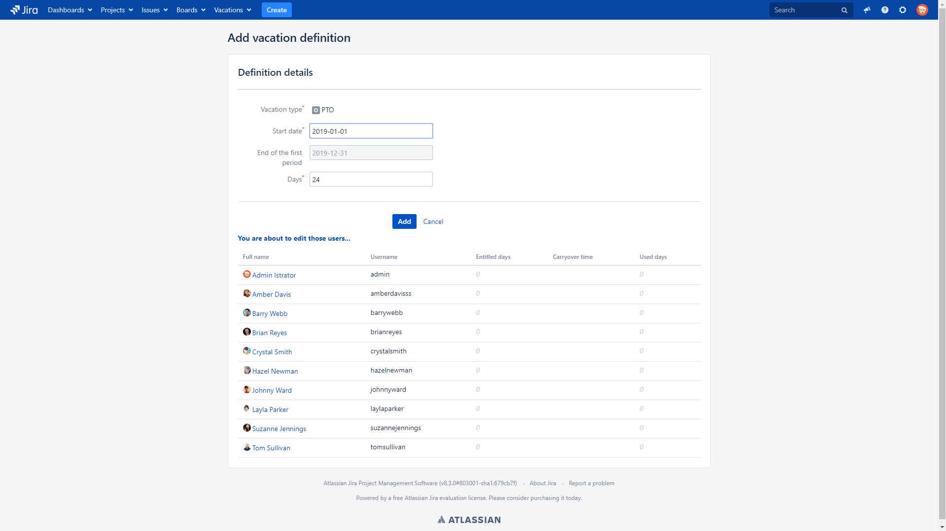 Vacation Manager for Jira, adding vacation days to users