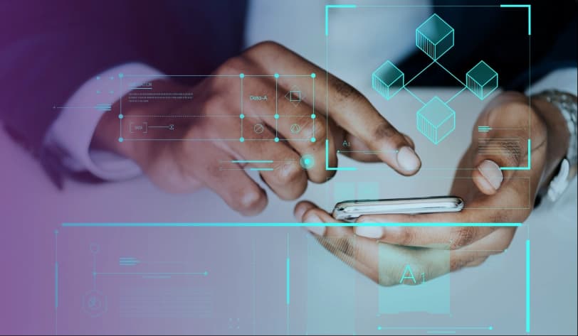 Person using a smartphone with digital blockchain interface graphics overlay, including cube structures, data nodes, and futuristic UI elements.
