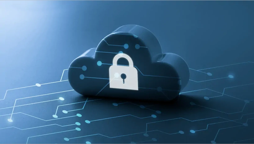 Grafika przedstawiająca ikonę chmury z zamkniętą kłódką, symbolizującą bezpieczeństwo danych w chmurze. W tle widoczne są połączenia sieciowe, co odnosi się do funkcji ochrony danych w Jira Cloud.
