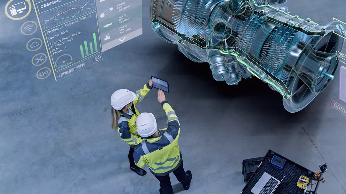 Das Foto zeigt eine Draufsicht auf einen Mann und eine Frau, die Helme und reflektierende Jacken tragen. Beide blicken auf den Bildschirm eines Tablets, das die Frau in der Hand hält, der Mann zeigt mit der Hand auf eine angezeigte Information. Vor ihnen sehen wir eine holografische Darstellung eines Teils der Maschine, über ihnen links Karten und Informationen. Aus dem Kontext geht hervor, dass sie Augmented Reality verwenden, um Teile zu entwerfen und den Produktionsprozess zu steuern. Das Foto ist die Titelgrafik für eine Pressemitteilung von Transition Technologies PSC und erscheint als Illustration für einen Beitrag mit dem Titel: Transition Technologies PSC mit EU-Zuschuss innerhalb eines internationalen Konsortiums.