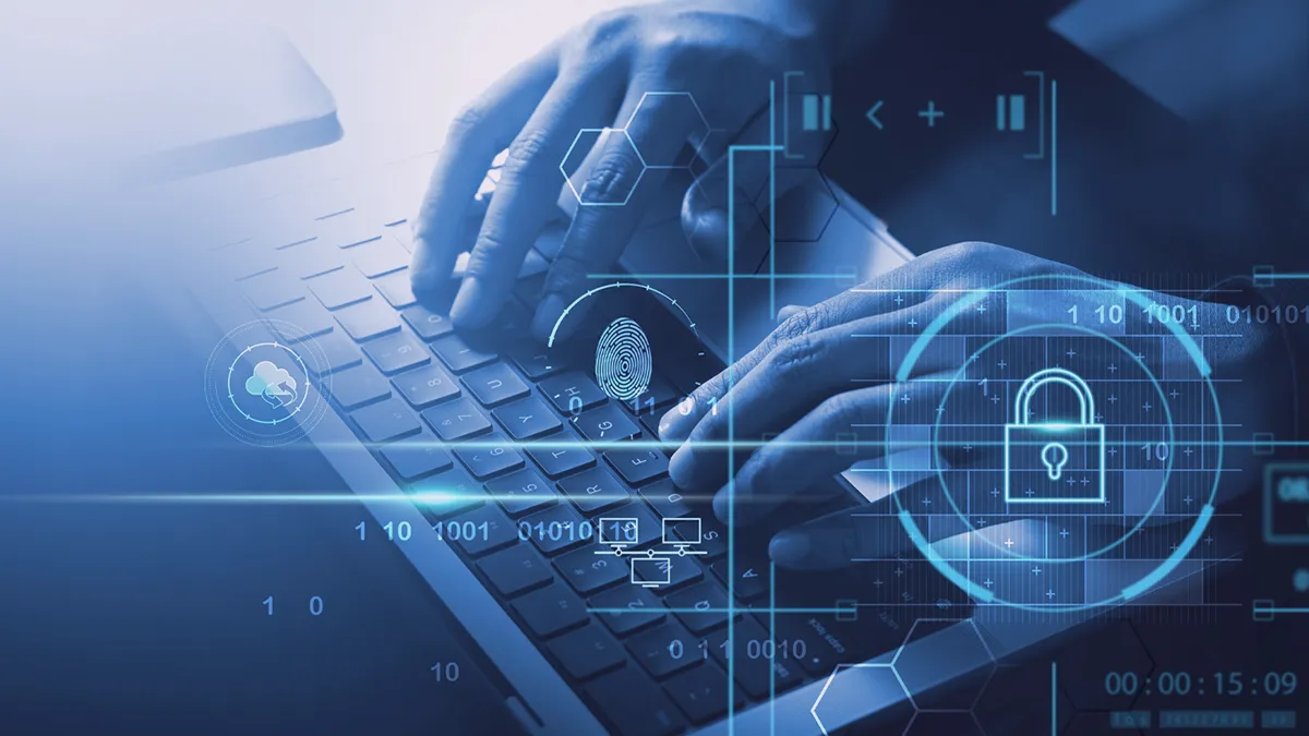 Photo showing hands resting on the keyboard of an open laptop; icons representing: a padlock, a cloud, a fingerprint and various shapes are visible above the keyboard and hands. The context indicates cyber security. The image is the cover graphic for a success story by Transition Technologies PSC titled: Access Management for the Public Sector