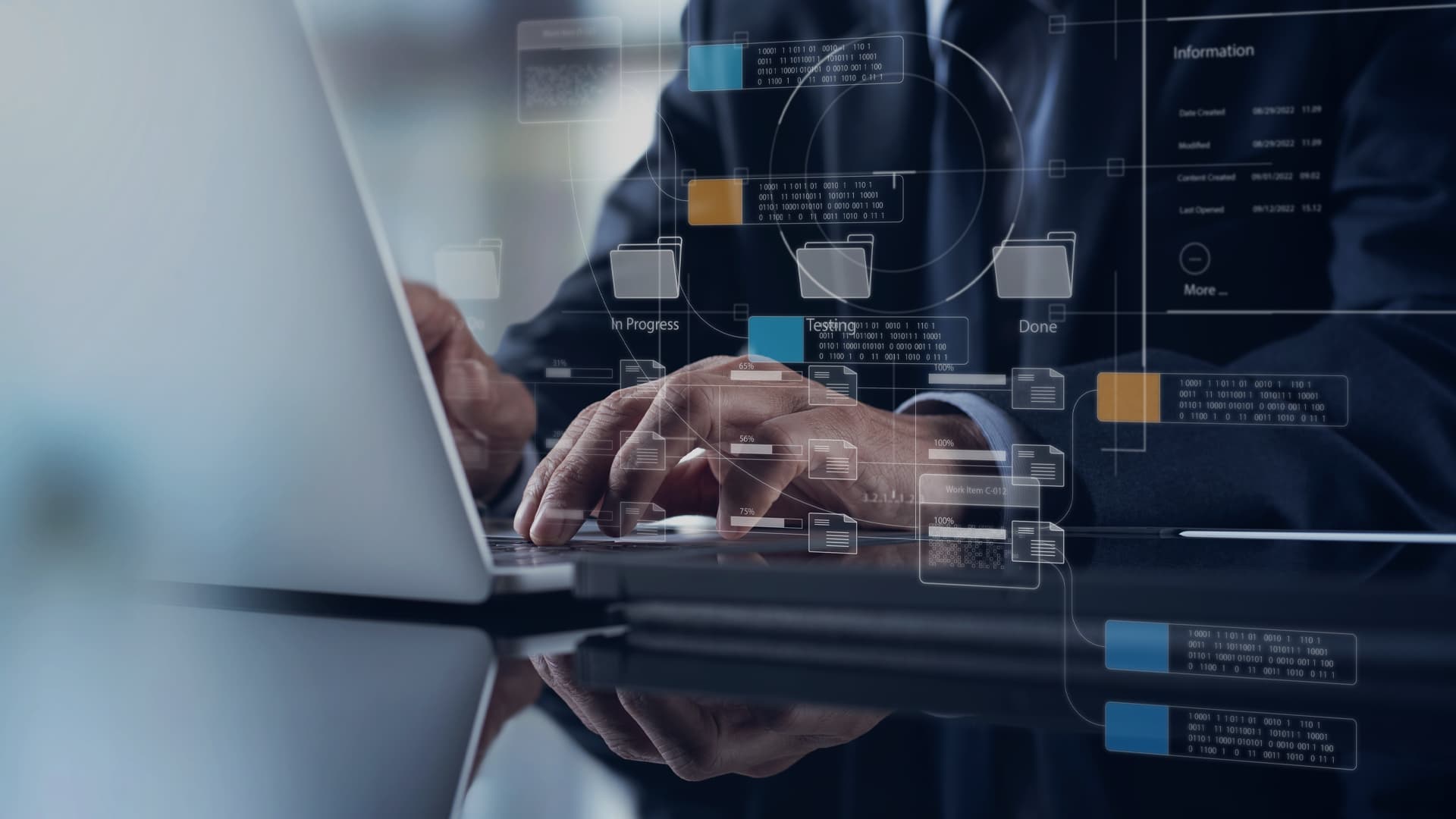 Grafik für die Hintergrundkachel, die Sie zu dem Eintrag in der Success Story führt, den sie darstellt. Sie zeigt die Hände eines Mannes, der auf einer Laptoptastatur tippt; über der Tastatur schweben Symbole, die widerspiegeln, was der Mann auf dem Monitor sieht: Ordner mit verschiedenen Dateien.