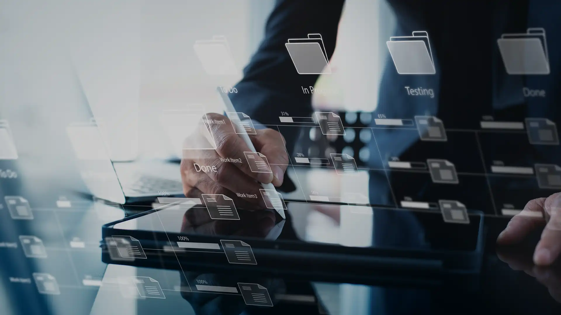 An image showing symbols for computer folders and files and male hands hovering over a tablet screen. The graphic serves as the background tile of a Success Story entry by Transition Technologies PSC titled: Seamless integration of PTC Codebeamer with PTC RV&S at Schaeffler