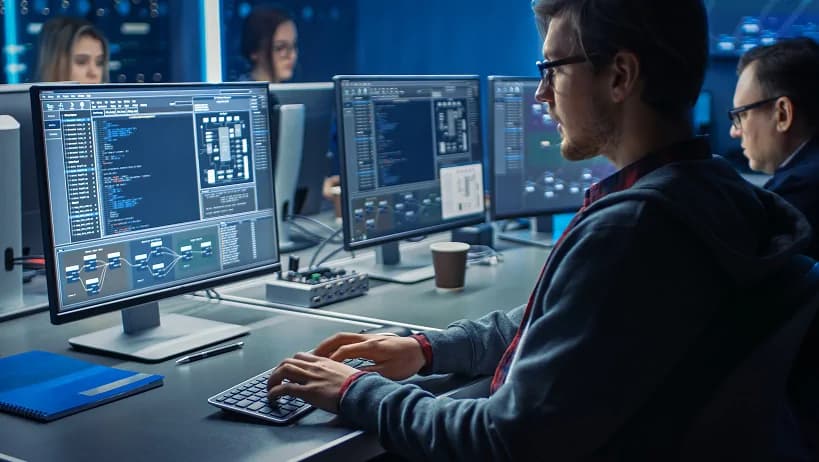 Developer coding at multiple monitors.