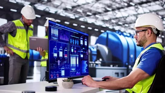 Pracownicy w kaskach i kamizelkach na hali przemysłowej monitorujący dane na ekranie komputera. Grafika z prezentacji: Schemat porównujący zakres funkcjonalności systemów PDM, PLM i zaawansowanego PLM używanych w przedsiębiorstwach