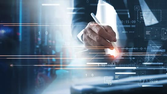 A business professional using a digital pen to interact with a futuristic interface displaying data streams, numbers, and analytics. The image represents enterprise data management, digital transformation, and advanced analytics within an enterprise data platform.