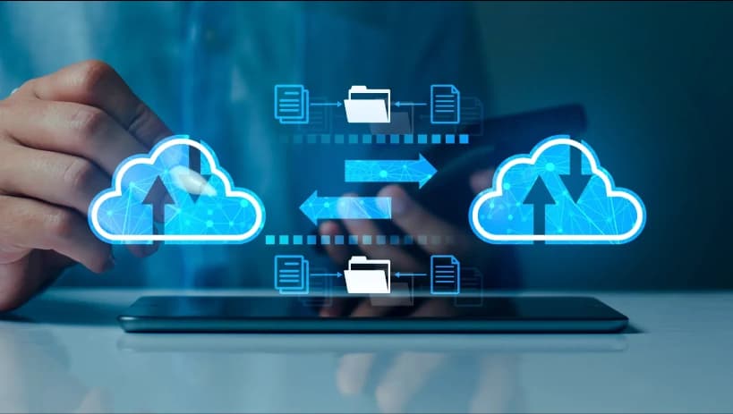 A businessman interacting with a glowing digital cloud surrounded by a network of connected nodes and data streams. The image represents cloud computing, enterprise data management, and secure digital transformation within an enterprise data platform.