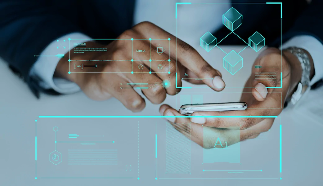 Illustration d'une image conceptuelle d'une chaîne d'approvisionnement numérique : au centre se trouve un grand cercle ou globe abstrait symbolisant un réseau de données. Autour de lui, des icônes représentent différentes étapes (avion, camion, panier, document, horloge, etc.), ainsi que des figures humaines travaillant sur des écrans avec des diagrammes. Des lignes et des flèches relient ces éléments, soulignant le flux d'informations entre eux. L'ensemble est conçu dans un style vectoriel moderne et coloré.