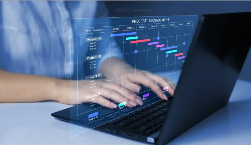 A person working on a laptop with graphic icons of folders and project statuses superimposed on the screen.